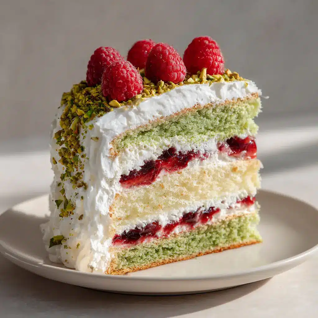 Top view of a layered Pistachio Raspberry Cake garnished with fresh whole red raspberries and finely chopped green pistachio nuts.