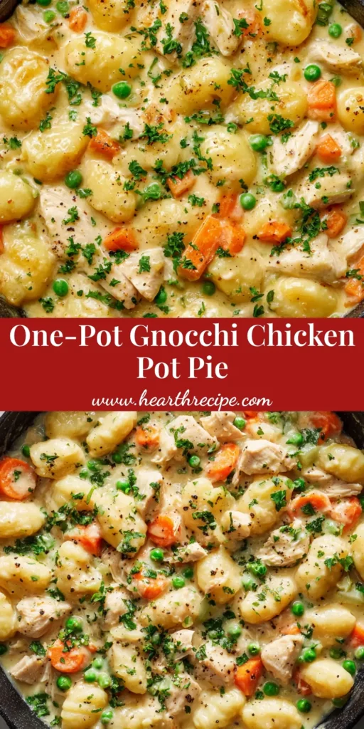 A rustic cast iron skillet filled with creamy One-Pot Gnocchi Chicken Pot Pie, topped with fresh parsley and black pepper specks.