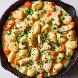Close-up of pillowy potato gnocchi and bite-sized cooked white chicken breast in a thick creamy pale-yellow gravy with carrots, peas, and celery.