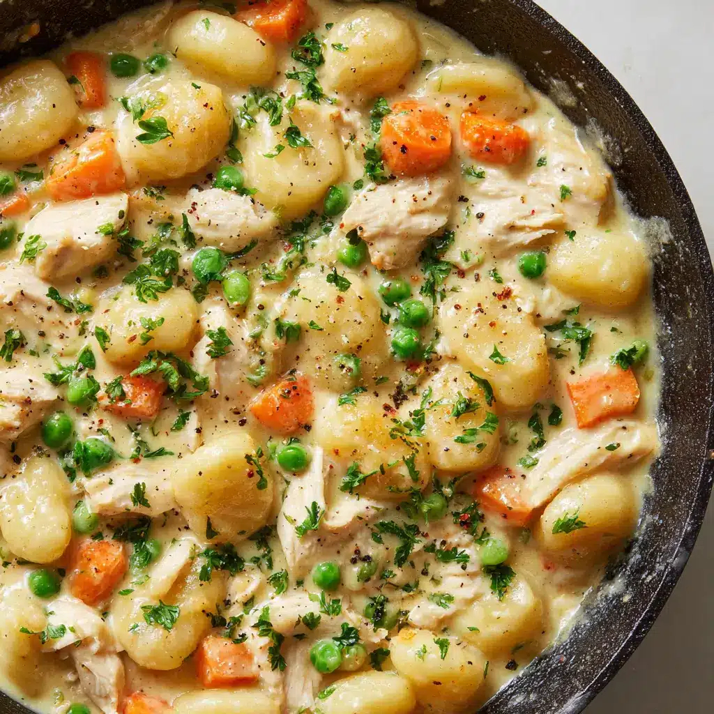 Top-down view of steaming One-Pot Gnocchi Chicken Pot Pie garnished with chopped fresh green parsley and coarse black pepper specks in a cast iron skillet.