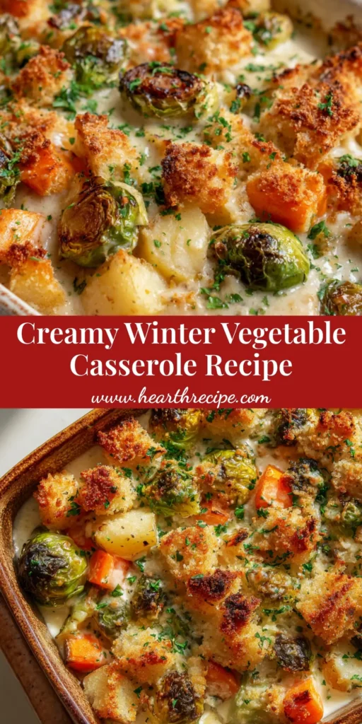 A close-up of a freshly baked Winter Vegetable Casserole with a crispy golden-brown breadcrumb crust and bubbling ivory cream sauce.