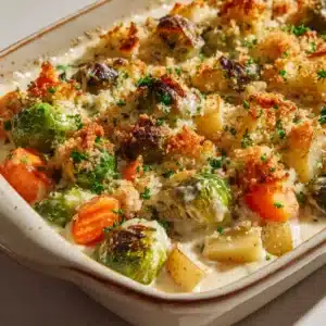 Roasted halved Brussels sprouts, diced carrots, and cubed potatoes in a thick glossy cream sauce.