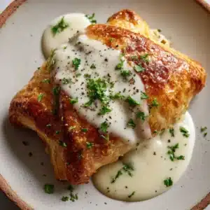 Ingredients for chicken pillows including crescent roll dough, shredded chicken, and a thick off-white Parmesan sauce on a rustic ceramic plate. (Chicken Pillows Recipe)