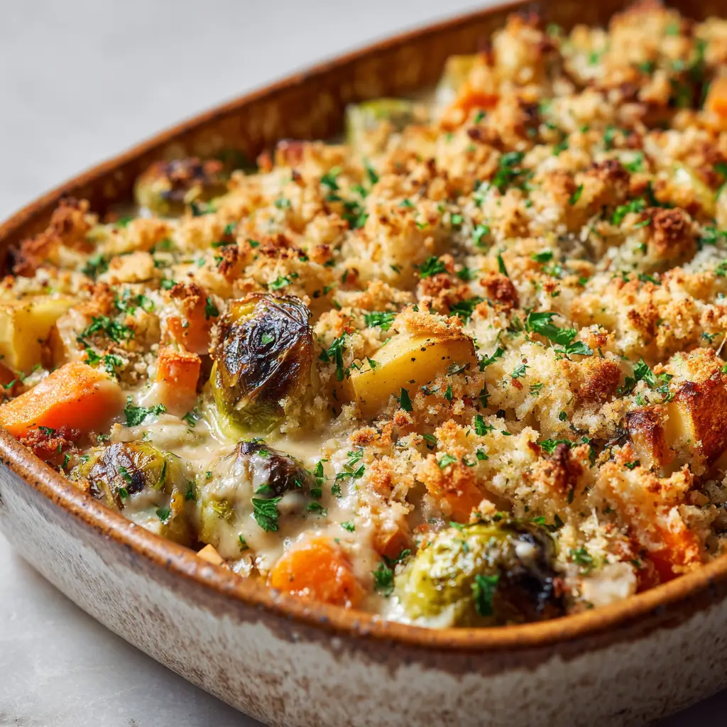 Rustic ceramic rectangular baking dish filled with bubbling vegetable casserole topped with toasted breadcrumbs.