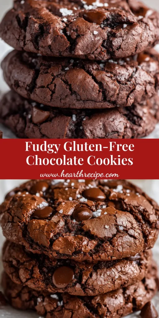 A close up stack of thick, fudgy, dark brown Gluten Free Chocolate Cookies resting on crinkled parchment paper, topped with melted chocolate chips and coarse sea salt.