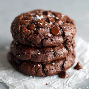 Stack of three thick dark brown fudgy chocolate cookies on crinkled white parchment paper with melted chocolate chips.
