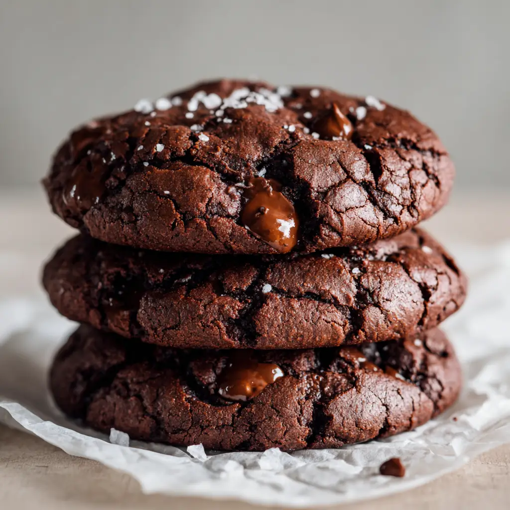 Close up of crinkly top texture on baked chocolate cookies with loose chocolate chips and coarse sea salt flakes scattered on a light oak wooden surface.