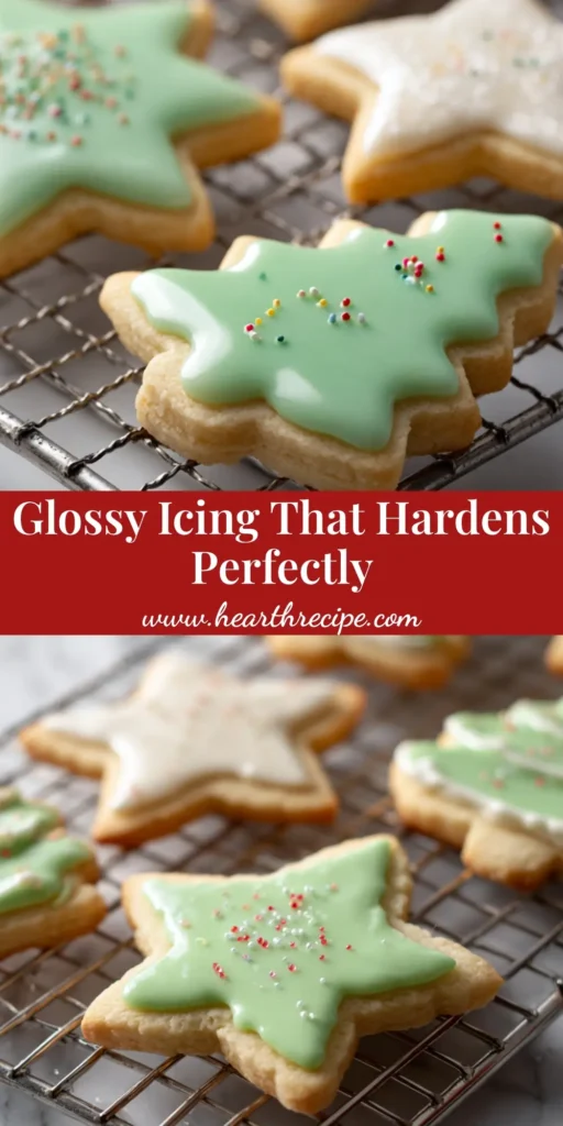 Baked star-shaped and tree-shaped sugar cookies with perfectly hardened opaque white and pale green icing on a wire rack.