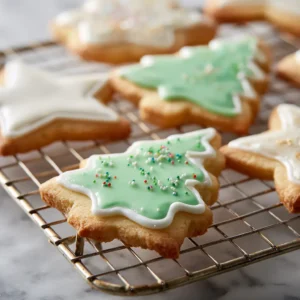 Close-up of sugar cookie icing that hardens perfectly smooth and glossy with a piped border.