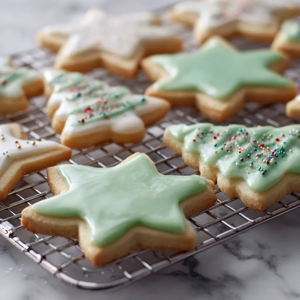 Tiny round colored sprinkles embedded in hardened glossy sugar cookie icing.