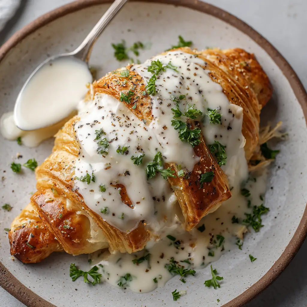 A golden-brown chicken pillow resting on a plate with smooth Parmesan sauce dripping down the sides, garnished with green parsley. (Chicken Pillows Recipe)