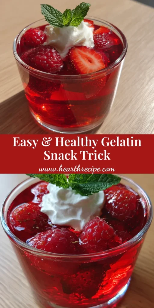A close-up of a refreshing healthy gelatin recipe featuring ruby-red gelatin, suspended fresh berries, white whipped cream, and a mint leaf in a clear short glass cup.