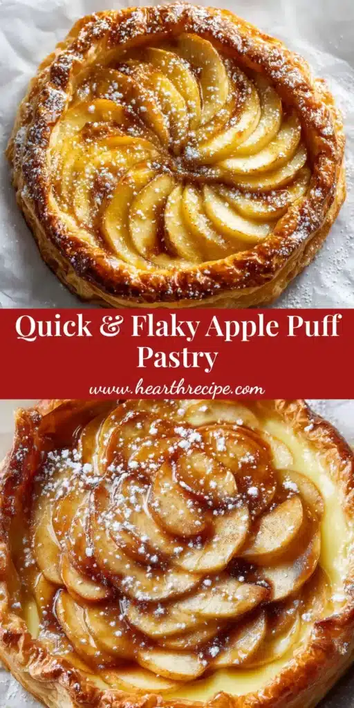 Overhead shot of an Apple Puff Pastry tart with golden edges, vanilla pudding, and glazed apples dusted with powdered sugar.