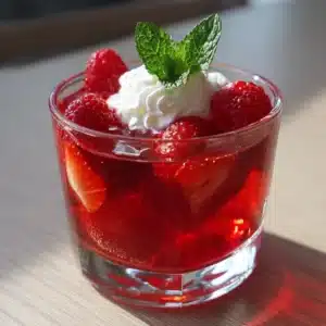 A handheld smartphone photo showing a healthy gelatin recipe made from pure red fruit juices.