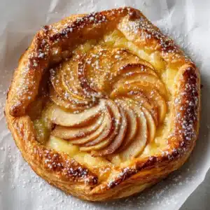 Close up of an Apple Puff Pastry featuring a golden brown, multi-layered flaky crust.
