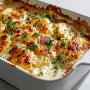 Ingredients for homemade scalloped potatoes featuring raw overlapping sliced potatoes, rich creamy white sauce, and melted bubbly cheese.