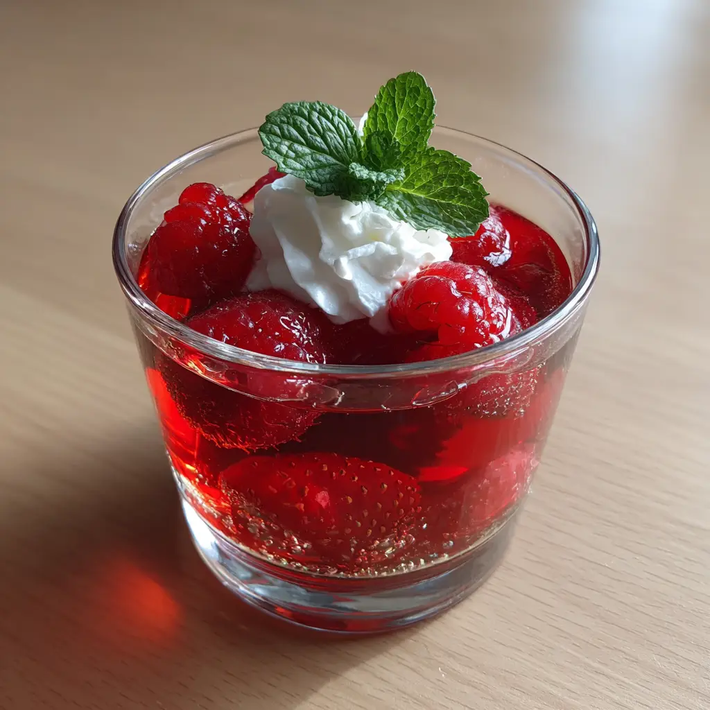 Clear short glass cups resting on a light wooden table, filled with setting healthy ruby-red fruit gelatin and suspended whole raspberries and sliced strawberries.