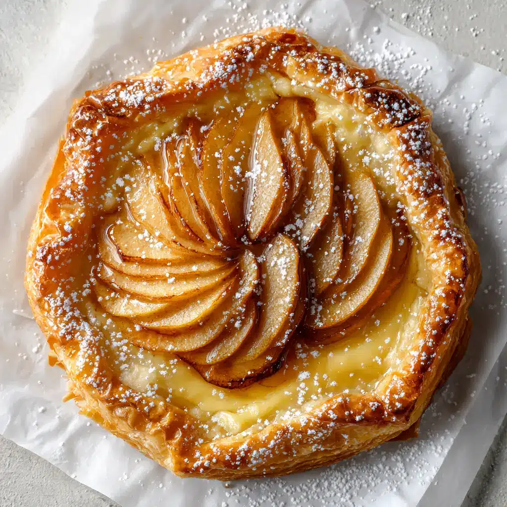 Baked Apple Puff Pastry tart on white parchment paper showing a thin layer of pale yellow vanilla pudding and overlapping soft cooked apples.