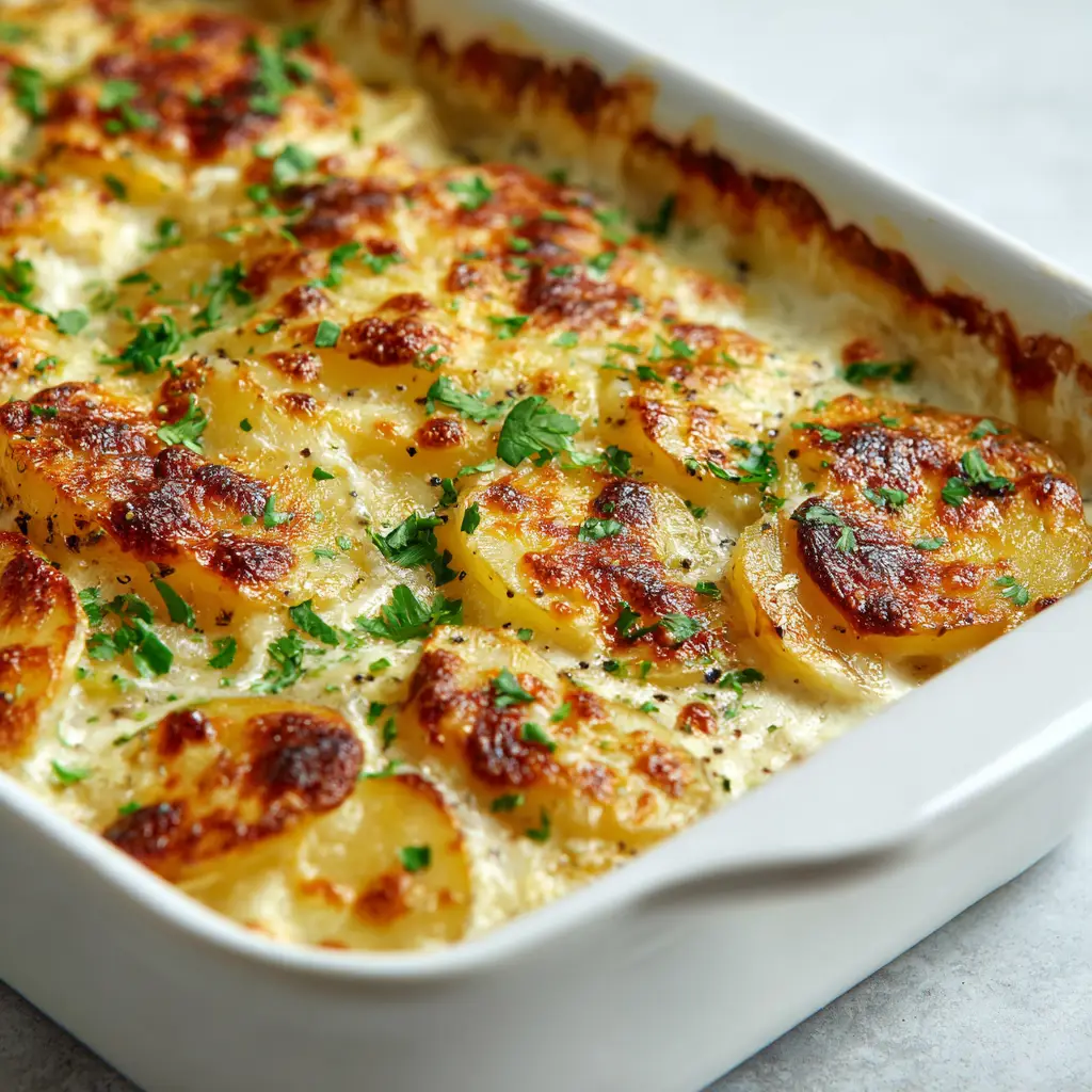 A casserole dish showing perfectly overlapping, thinly sliced potatoes submerged in a velvety creamy white sauce.