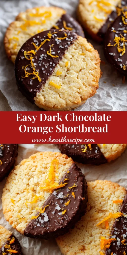 A stack of thick, golden-baked Dark Chocolate Orange Shortbread Cookies half-dipped in glossy dark chocolate, topped with fresh orange zest curls and flaky sea salt on parchment paper.