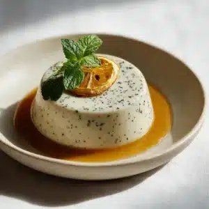 Creamy off-white panna cotta speckled with dark tea leaves, sitting in an amber Earl Grey syrup.