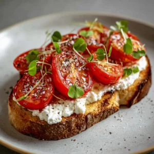Ingredients for Cottage Cheese Toast including fresh red tomatoes, chunky cottage cheese, and thick artisan sourdough bread.