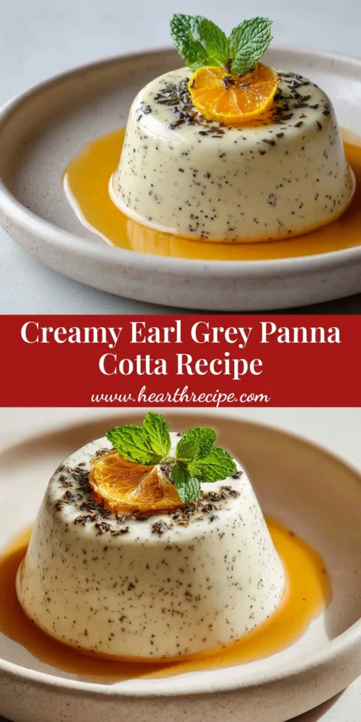 A smooth, off-white Earl Grey panna cotta plated on a minimalist ceramic plate with amber syrup, candied lemon, and fresh mint.