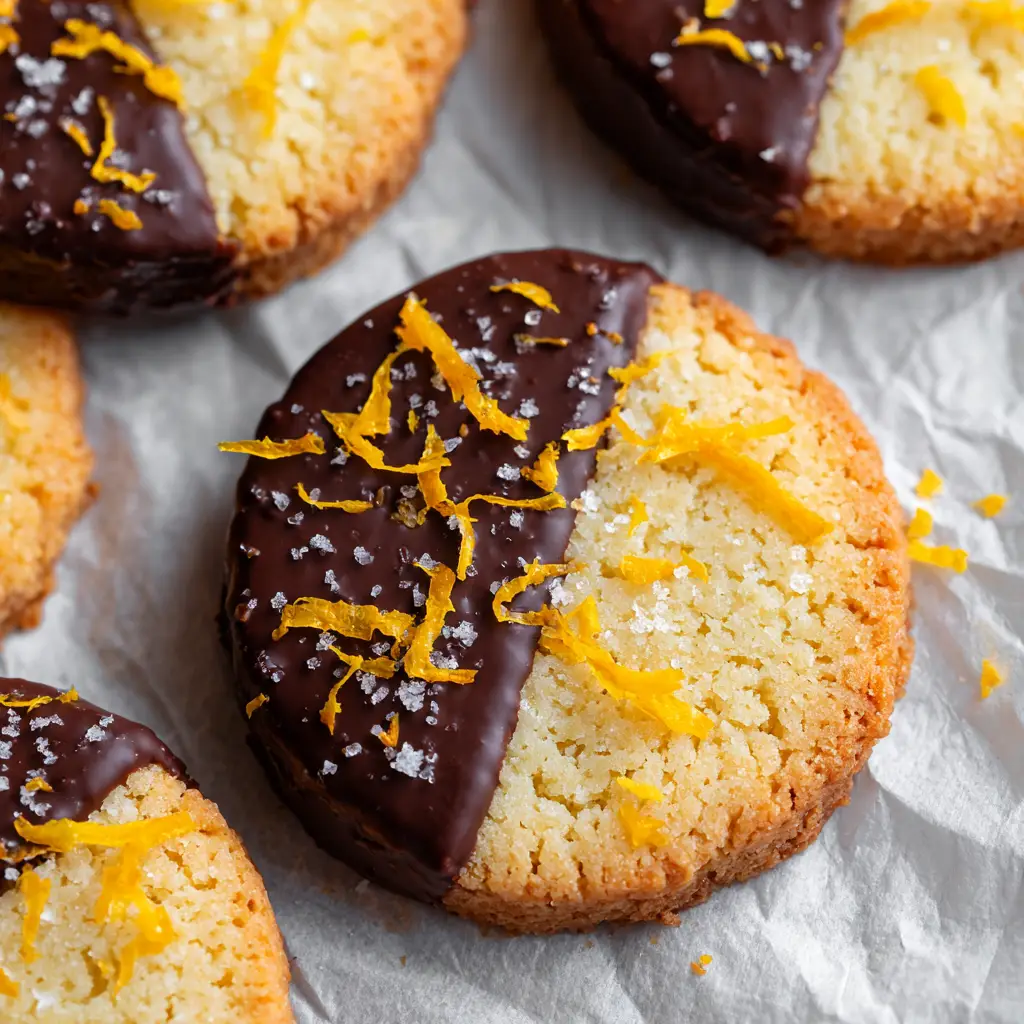 Close-up of overlapping thick shortbread cookies half-dipped in dark brown melted chocolate with orange zest and white sea salt crystals.