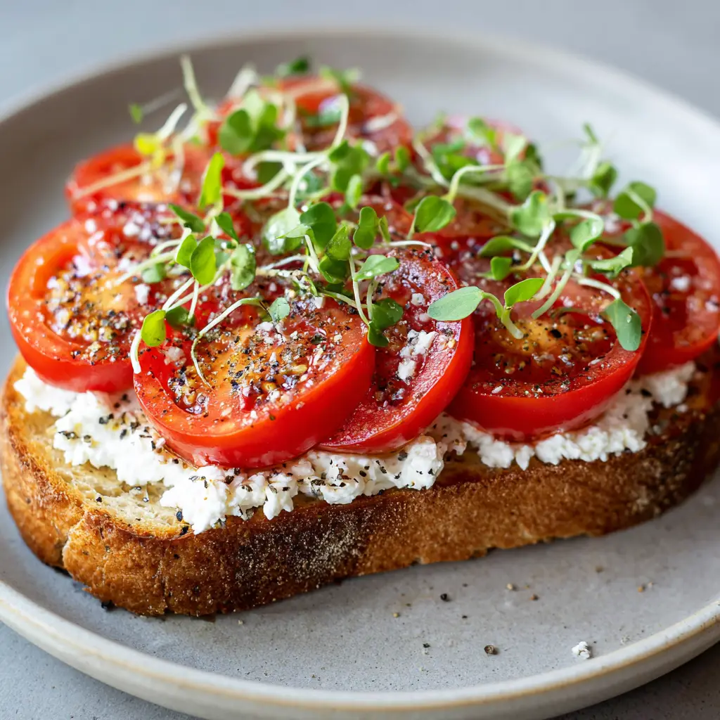 The Ultimate Cottage Cheese Toast with Fresh Tomatoes 1 A generous, uneven layer of chunky white cottage cheese spread across a thick, golden slice of toasted artisan sourdough bread.