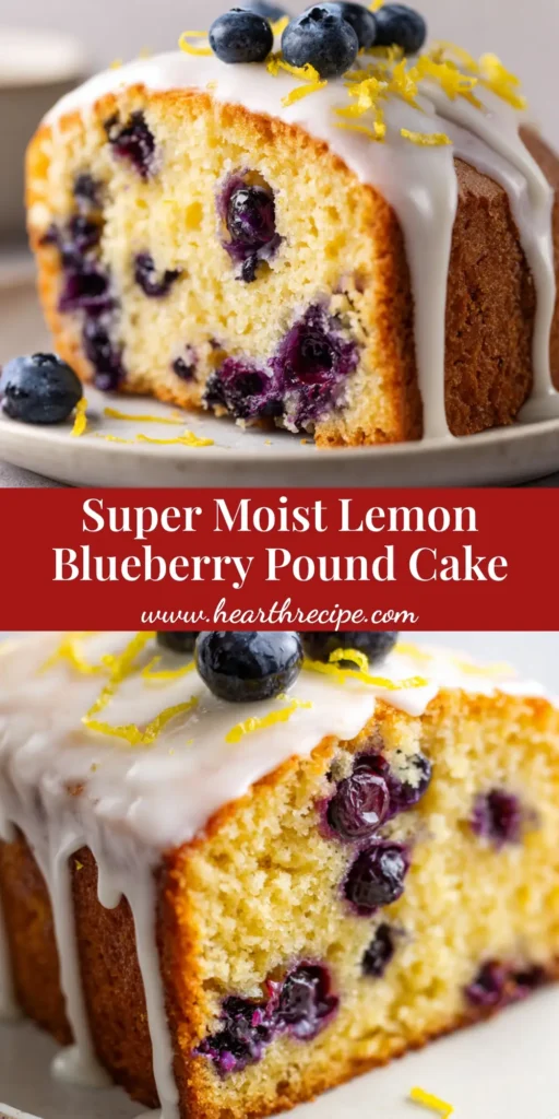 A thick slice of golden-yellow Lemon Blueberry Pound Cake with cooked purple blueberries, a thick opaque white icing glaze, and lemon zest curls.