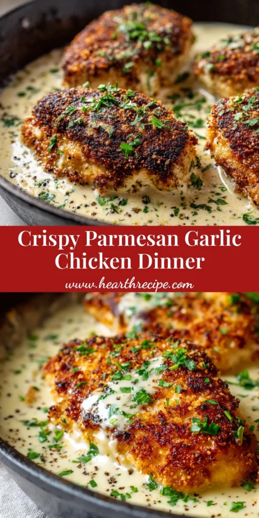 A close-up view of golden-brown crispy Parmesan crusted chicken breasts nestled in a rich velvety off-white garlic cream sauce inside a dark cast-iron skillet.