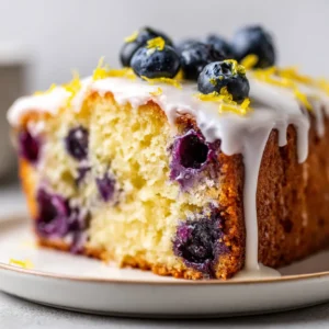 Close up of golden-yellow lemon blueberry pound cake batter ingredients with fresh dark blue blueberries.