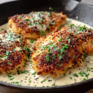 Raw ingredients for Parmesan crusted chicken including chicken breasts, Panko breadcrumbs, Parmesan cheese, heavy cream, and fresh garlic.