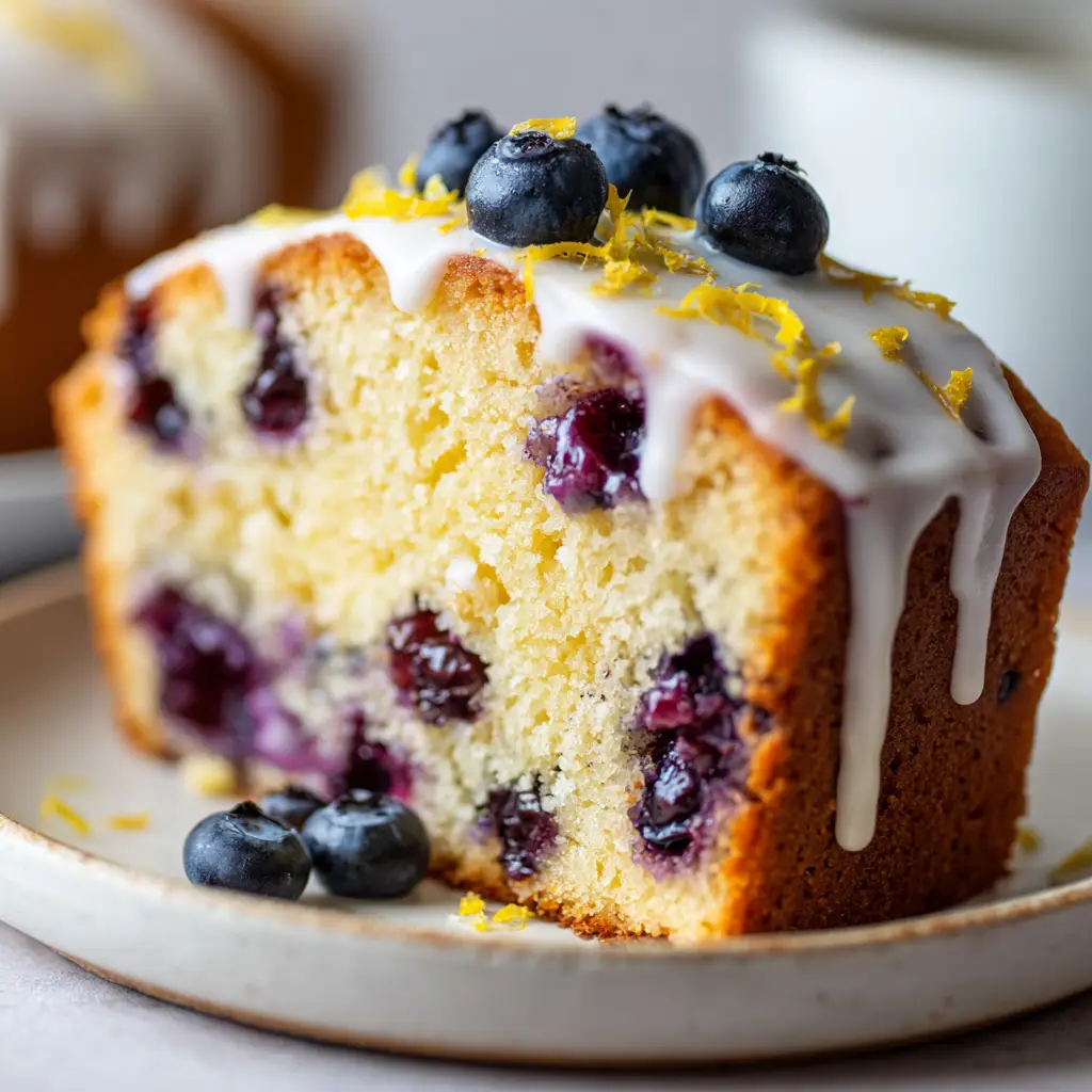 A thick slice of golden-yellow lemon blueberry pound cake on a simple white ceramic dessert plate.