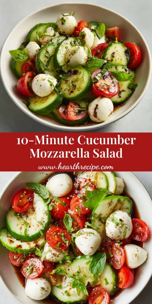 Close-up overhead view of a fresh Cucumber Mozzarella Salad in a white ceramic bowl, featuring thick half-moon cucumber slices, whole white mini mozzarella balls, halved cherry tomatoes, and chopped basil.