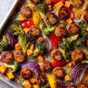 Raw ingredients for a Chicken Sausage Sheet Pan Dinner including sliced sausage, sweet potatoes, broccoli, bell peppers, and red onion wedges.