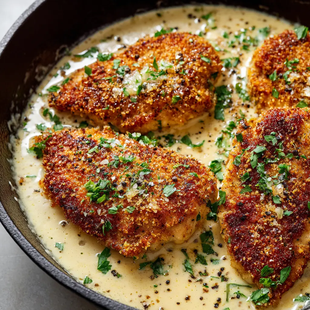 Perfectly golden-brown Parmesan crusted chicken sizzling in a dark cast-iron skillet before the sauce is added.