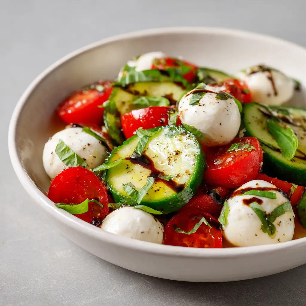 Macro shot showing the glistening translucent olive oil dressing and dark balsamic drizzle over fresh cucumbers and tomatoes in a shallow ceramic bowl.