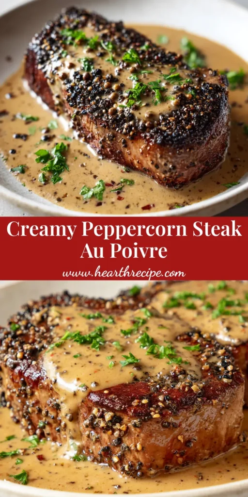 A close-up of a perfectly pan-seared Steak Au Poivre covered in a creamy caramel-brown pepper sauce.