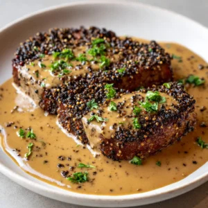 Raw thick cut beef steaks heavily encrusted with coarse cracked black peppercorns on a cutting board.