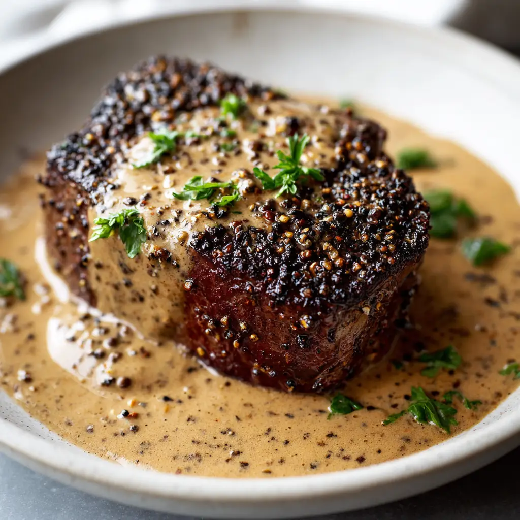 A pan-seared beef steak smothered in a rich, velvety, light caramel-brown cream sauce speckled with dark pepper bits.