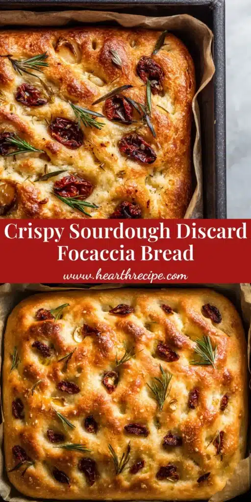 A freshly baked sourdough discard focaccia with a golden-brown crispy crust, pooled olive oil, blistered tomatoes, and roasted garlic.