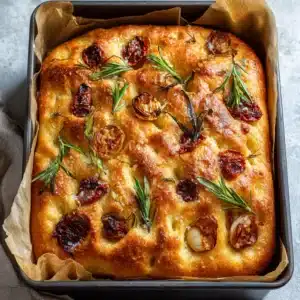 Overhead view of sourdough discard focaccia bread in a dark rectangular pan with deep dimples and fresh rosemary.