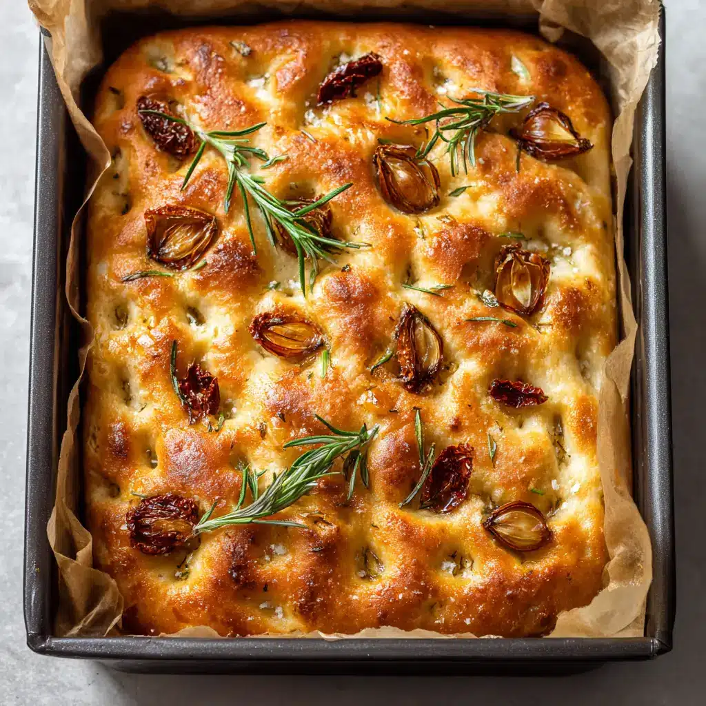Close-up of baked sourdough focaccia crust highlighting blistered sun-dried tomatoes and flaky sea salt.