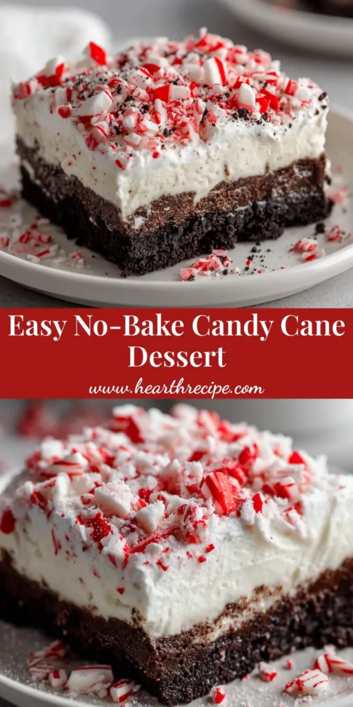 A close up shot of a layered holiday dessert square featuring a densely packed crumb crust of dark chocolate cookies, thick creamy vanilla pudding, fluffy whipped cream, and crushed peppermint candy cane chunks on a white ceramic plate.