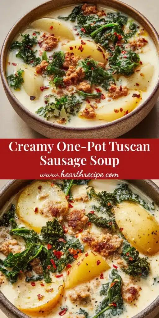 A rustic ceramic bowl filled with Tuscan Sausage and Potato Soup, featuring tender golden potatoes, browned crumbled Italian sausage, and wilted kale in an opaque cream broth.