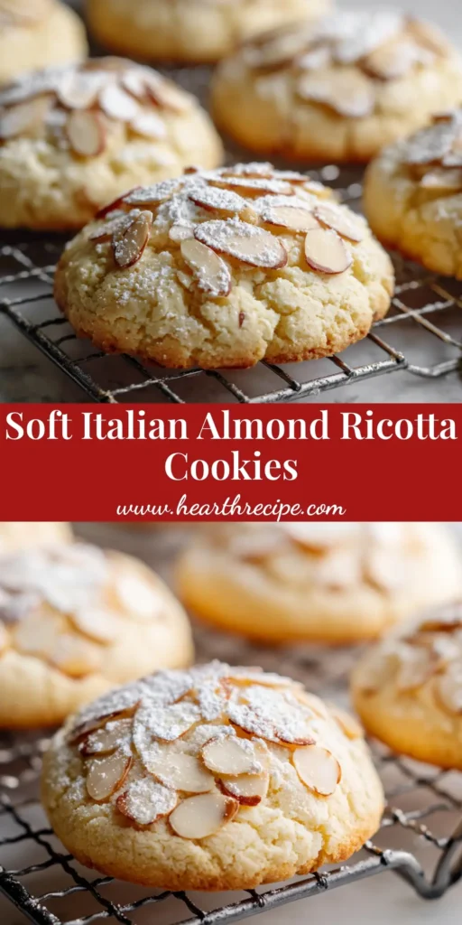 Close-up of soft baked Italian Almond Ricotta Cookies resting on a wire cooling rack, topped with overlapping sliced almonds and powdered sugar.