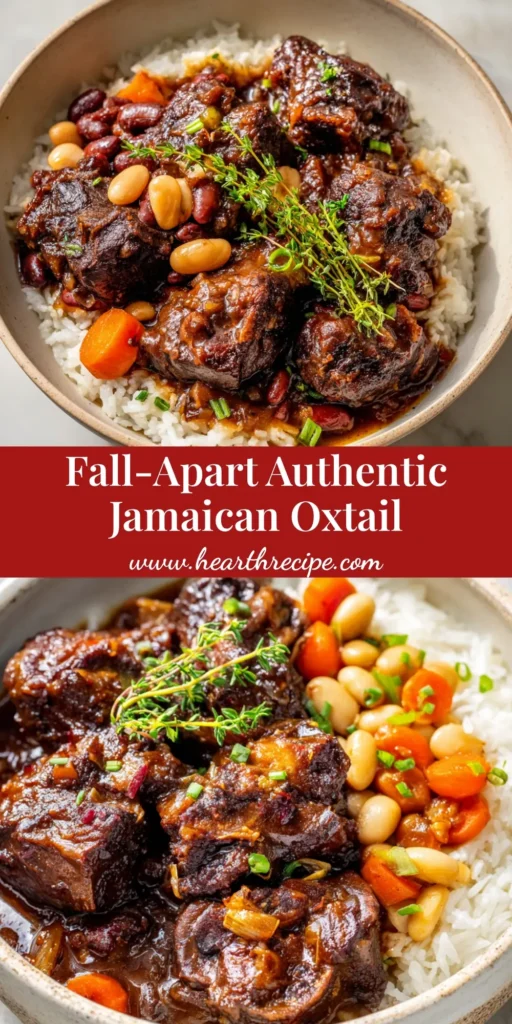 A rustic shallow bowl filled with authentic Jamaican oxtail stew over a bed of coconut rice and kidney beans. The oxtail is deeply browned with a glossy dark gravy, carrots, butter beans, and fresh thyme.