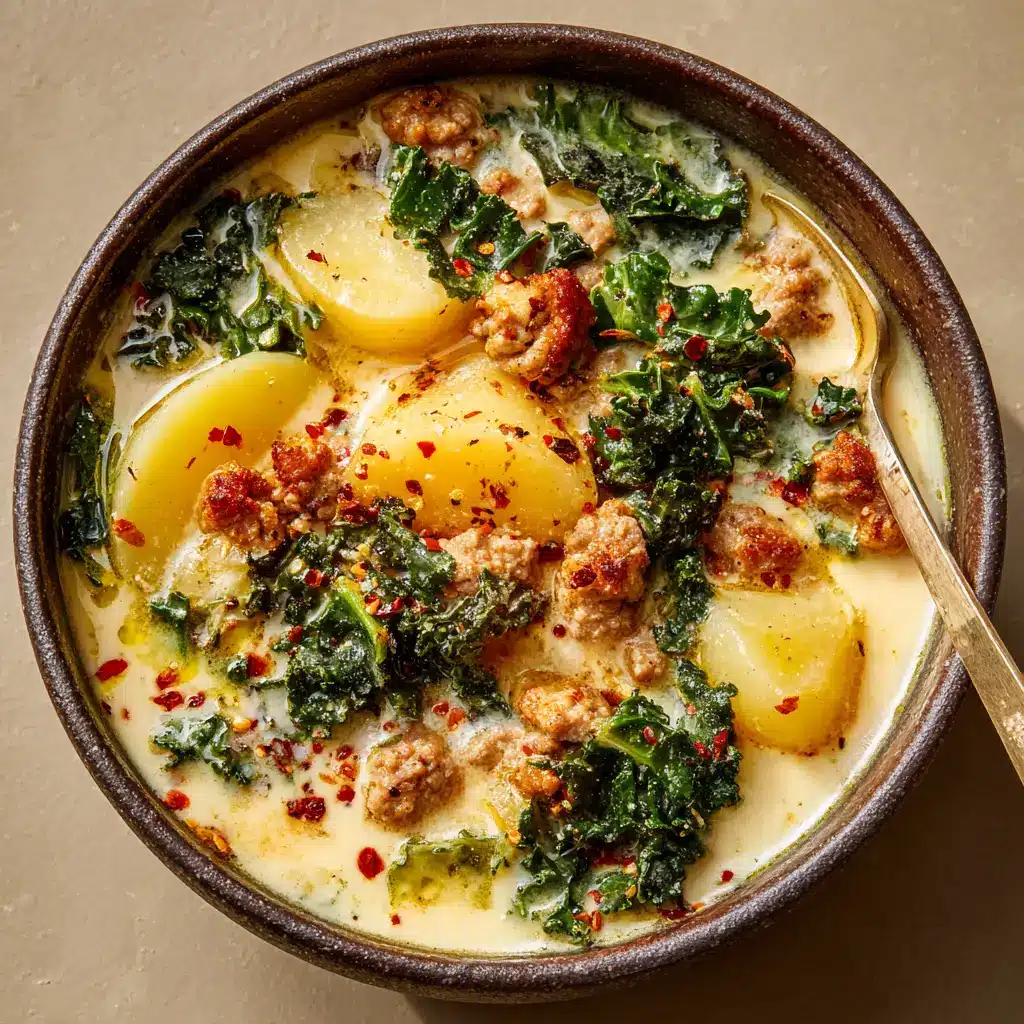 Opaque cream broth with dark green kale ribbons, red pepper flakes, olive oil drizzle, and melting parmesan cheese.
