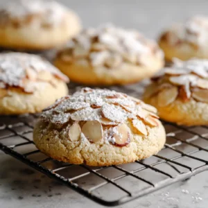 Cakey Italian Almond Ricotta Cookies on a wire rack over a light marble countertop.